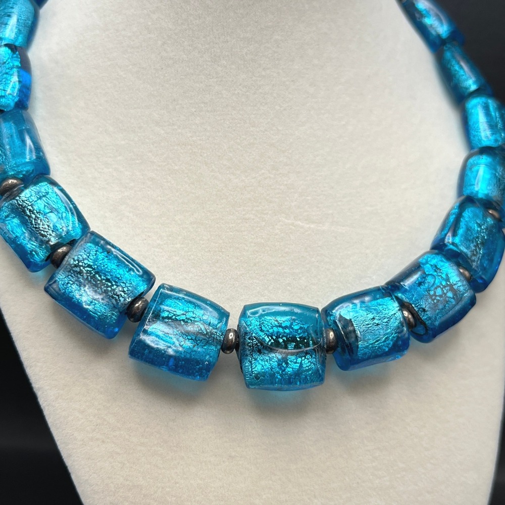 Chunky Art Glass Necklace Blue Square Beads Foiled Vintage Artisan